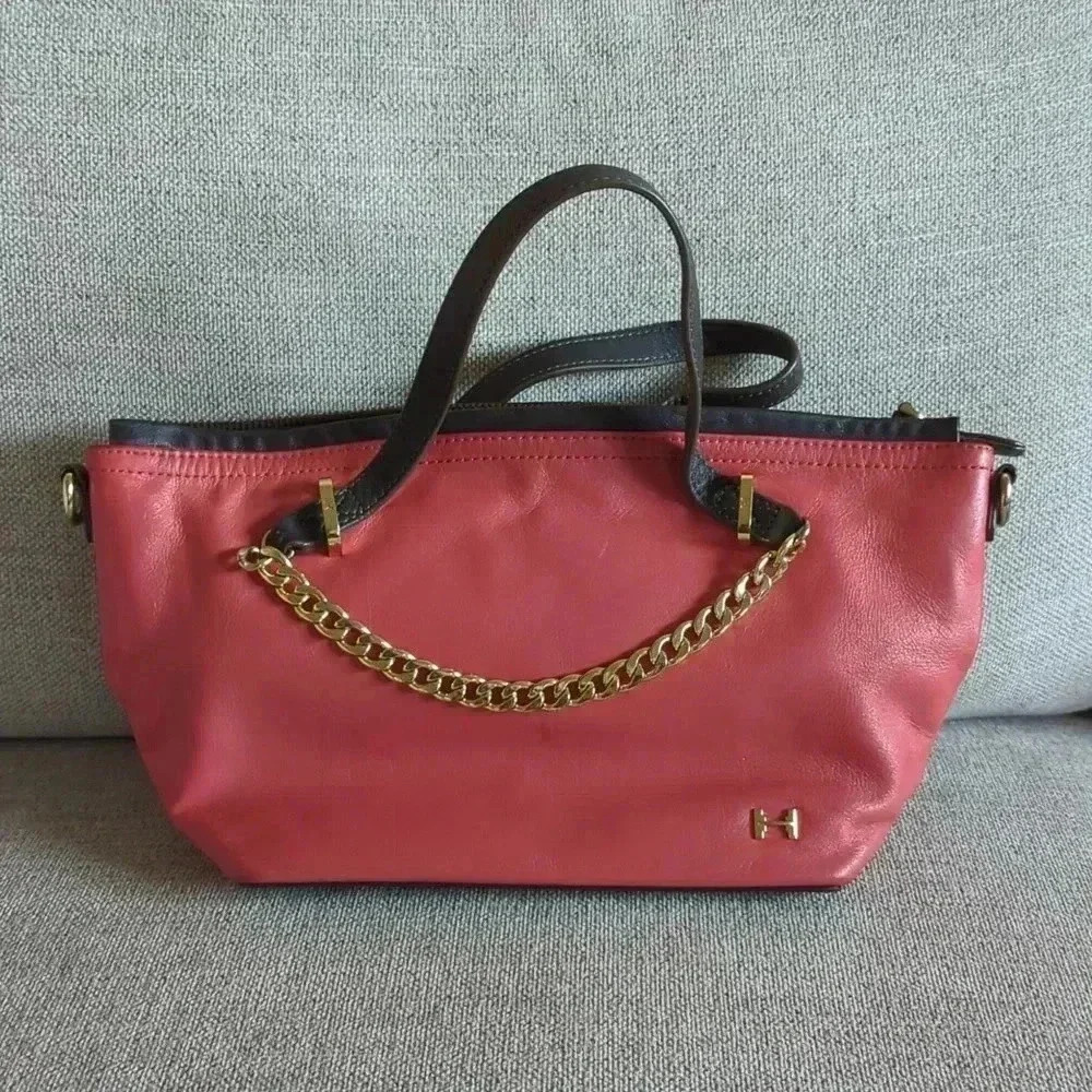 Vintage Halston Heritage Leather Handbag with Crossbody Option Salmon/Brown/Gold - Picture 4 of 6